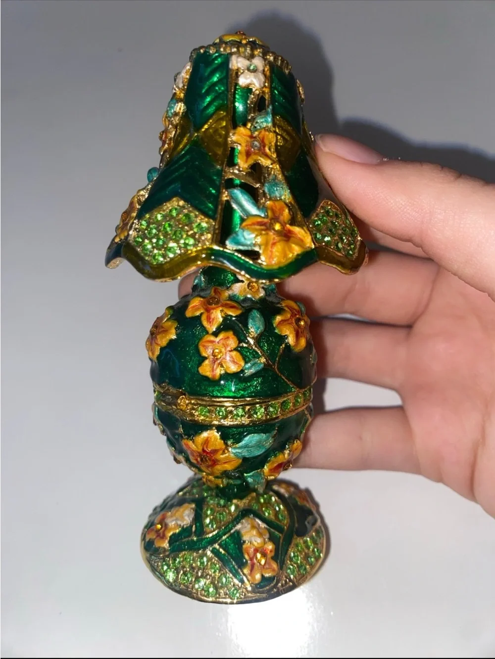 Vintage miniature green enamel and rhinestone trinket box lamp shaped
